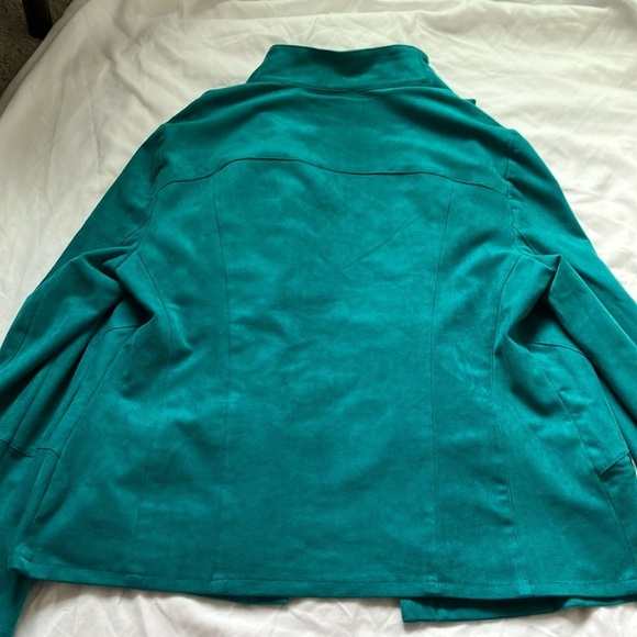 Chico’s:Tapestry Teal Faux Suede Jacket- Lace up sleeve- gold tone-8/10 (size 1) - Picture 9 of 14